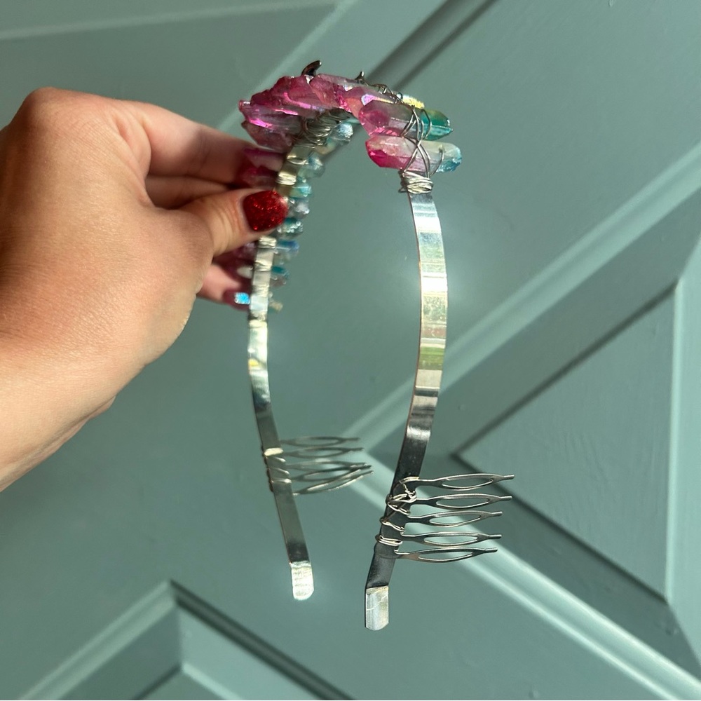 Natural Gemstone Colorful Aura Moon Witch Crystal Crown Headband Tiara Hair Band - Picture 6 of 7
